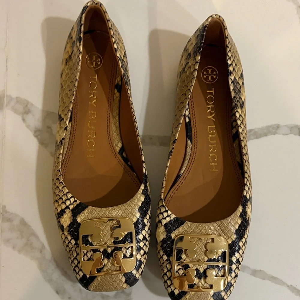 Tory Burch Gold and Black Snakeskin Loafers